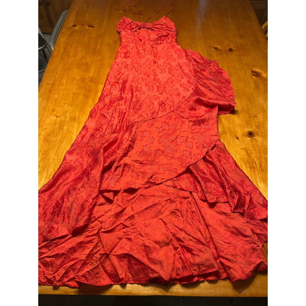 Boho Chic Free People Red Floral Jacquard High-Low Maxi Dress Cutout Festival 2 - Picture 12 of 16
